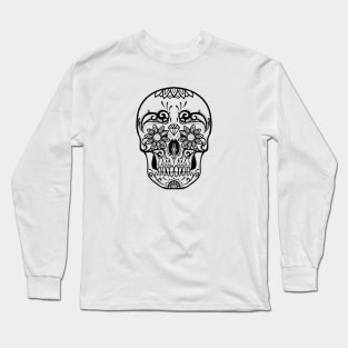 Sugar Skull Black and White Line Drawing Long Sleeve T-Shirt